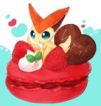  banchiku blue_background blue_eyes candy character_name chocolate chocolate_heart commentary_request cream english_text food food_focus fruit gen_5_pokemon heart in_food jpeg_artifacts legendary_pokemon macaron mint mythical_pokemon no_humans open_mouth pokemon pokemon_(creature) simple_background solo strawberry victini 