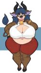  2021 absurd_res aimbot-jones anthro belly big_breasts blue_hair bottomwear bovid bovine bracelet breasts brown_body brown_fur cattle cleavage clothed clothing collar countershade_face countershade_torso countershading cowbell deep_navel eyelashes facial_piercing female freckles front_view full-length_portrait fur hair half-closed_eyes hand_on_hip hi_res hooves horn huge_breasts jewelry looking_at_viewer mammal narrowed_eyes navel nose_piercing overweight overweight_anthro overweight_female piercing portrait shorts smile solo spots standing tail_tuft thick_thighs tongue tongue_out tuft wide_hips 
