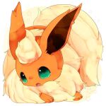  animal_focus aqua_eyes banchiku commentary_request fang flareon fluffy full_body gen_1_pokemon jpeg_artifacts no_humans open_mouth pokemon pokemon_(creature) simple_background skin_fang solo star_(symbol) starry_background two-tone_background white_background 
