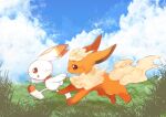  animal_focus banchiku blonde_hair blue_sky blush brown_eyes closed_mouth cloud commentary_request day fang flareon fluffy from_side full_body gen_1_pokemon gen_8_pokemon grass happy licking_lips light_blush no_humans nose_blush open_mouth outdoors pokemon pokemon_(creature) profile red_eyes running scorbunny short_hair sky smile sweat tongue tongue_out 