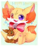  alternate_eye_color animal_ear_fluff animal_focus banchiku bell border bow bowtie clothed_pokemon clover commentary_request doll eevee english_text fennekin fluffy four-leaf_clover full_body gen_1_pokemon gen_6_pokemon green_background happy_birthday heterochromia highres jingle_bell looking_at_viewer no_humans outside_border pawpads pink_bow pink_neckwear pokemon pokemon_(creature) purple_eyes red_eyes simple_background sitting solo star_(symbol) stuffed_animal stuffed_toy typo white_border 