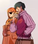  2girls bag black_hair burger coat eating eyepatch food green_hair grey_background highres holding holding_bag holding_burger holding_food jacket jujutsu_kaisen kugisaki_nobara lumen_sky multiple_girls orange_coat orange_hair pink_jacket purple_jacket scar scar_on_face shopping_bag short_hair simple_background smile upper_body zen'in_maki 