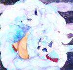  alolan_form alolan_ninetales alolan_vulpix animal_focus banchiku blue_eyes blue_hair blurry blurry_background closed_mouth clothed_pokemon commentary_request fang fluffy gen_7_pokemon highres long_hair no_humans open_mouth orange_scarf pokemon pokemon_(creature) profile red_scarf scarf short_hair white_hair 