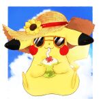  :3 absurdres animal_focus banchiku blue_sky blush_stickers border brown_eyes brown_headwear closed_mouth clothed_pokemon cloud commentary_request day drink drinking drinking_straw flower full_body gen_1_pokemon happy hat hat_flower highres holding holding_drink no_humans orange-framed_eyewear outdoors outside_border pikachu pokemon pokemon_(creature) sitting sky smile solo straight-on straw_hat sun_hat sunglasses white_border yellow_flower 