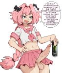  1boy absurdres astolfo_(fate) bangs black_bow bow braid can commentary energy_drink english_commentary english_text erection eyebrows_visible_through_hair fang fate/grand_order fate_(series) hair_bow hair_intakes hair_ribbon hand_on_hip highres holding holding_can long_braid long_hair male_focus midriff monster_energy ms_pigtails multicolored_hair navel open_mouth otoko_no_ko pencil_skirt penis pink_hair purple_eyes ribbon school_uniform serafuku simple_background single_braid skirt smile solo speech_bubble streaked_hair testicles veins veiny_penis white_background white_hair 