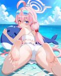  1girl absurdres ahoge ass bare_legs barefoot bikini blue-tinted_eyewear blue_archive blue_eyes blue_sky blush cloud commentary day eyewear_on_head feet foot_focus frilled_bikini frills from_behind gugu0v0 hair_between_eyes hair_bobbles hair_ornament halo heterochromia highres hoshino_(blue_archive) hoshino_(swimsuit)_(blue_archive) inflatable_toy inflatable_whale looking_at_viewer looking_back low_twintails lying ocean official_alternate_costume on_stomach outdoors parted_lips pink_hair pink_halo revision sky soles solo sunglasses swimsuit the_pose tinted_eyewear toes twintails twitter_username water white-framed_eyewear white_bikini yellow_eyes 
