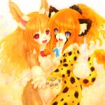  1:1 2014 anthro black_nose blue_eyes blush breasts brown_body brown_fur duo felid female fur hi_res lagomorph leporid looking_at_viewer mammal open_mouth pawpads rabbit red_eyes simple_background smile spots spotted_body tetetor-oort whiskers yellow_body yellow_fur 