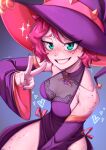  1girl armpit_crease bare_shoulders blue_eyes blue_nails body_freckles breasts cleavage commentary cowboy_shot detached_sleeves dilan_griz dress english_commentary fingernails freckles hand_up hat heart highres long_sleeves looking_at_viewer medium_breasts nail_polish original pink_hair purple_dress purple_hat purple_sleeves raised_inner_eyebrows see-through_cleavage see-through_clothes short_hair shoulder_freckles simple_background smile solo sparkle sweat thigh_freckles v witch_hat 