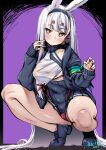 1girl absurdres animal_ears azur_lane bikini bikini_over_clothes black_jacket black_shoes black_skirt breasts brown_eyes cameltoe covered_navel hairband highleg highleg_bikini highres jacket long_hair micro_bikini rabbit_ears rabbit_girl red_bikini shimakaze_(azur_lane) shirt shoes skirt solo spread_legs squatting swimsuit thighs umyonge_(lkakeu) very_long_hair white_hair white_shirt 