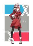 1girl ;) absurdres adjusting_clothes adjusting_headwear aqua_eyes bangs black_legwear boots buttons character_name closed_mouth coat darling_in_the_franxx double-breasted eyebrows_behind_hair eyelashes eyeliner facing_viewer fingernails full_body hairband hand_on_headwear hand_on_hip hand_up hat highres horns legs_apart long_hair long_sleeves looking_at_viewer makeup nichi_(hibi_suimin) one_eye_closed oni_horns pantyhose pink_hair red_coat red_horns sidelocks smile solo standing straight_hair very_long_hair white_footwear white_hairband white_headwear zero_two_(darling_in_the_franxx) 