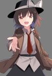  1girl belt black_headwear black_skirt bow brown_coat brown_eyes brown_hair coat cowboy_shot e.o. grey_background hair_ribbon hat hat_bow hat_ribbon highres long_sleeves necktie open_mouth outstretched_hand red_neckwear ribbon shirt short_hair single_sidelock skirt smile standing touhou trench_coat tress_ribbon untucked_shirt usami_renko white_shirt 