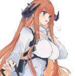  1girl arknights bagpipe_(arknights) blue_eyes blush breasts button_gap collar_tug collared_shirt cowboy_shot dragon_horns eyebrows_visible_through_hair highres horns hot large_breasts long_hair long_sleeves mikojin open_mouth orange_hair shirt sidelocks sigh simple_background solo straight_hair strap sweat white_background white_shirt wing_collar 