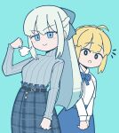  2girls artoria_pendragon_(fate) blonde_hair blue_eyes bow braid fate/grand_order fate_(series) hair_between_eyes hair_bow half_up_braid highres ichigo_berry long_hair looking_at_viewer morgan_le_fay_(a_break_in_the_rainy_season)_(fate) morgan_le_fay_(fate) multiple_girls ponytail saber_(fate) short_hair smile white_hair 