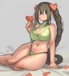  1girl asui_tsuyu bikini black_eyes black_hair boku_no_hero_academia braid breasts cleavage cleavage_cutout clothing_cutout commentary green_bikini grey_background heart heart_cutout highres kelvin_hiu looking_at_viewer navel simple_background skindentation smile solo swimsuit thick_thighs thighs twin_braids 