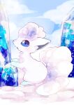  absurdres alolan_form alolan_vulpix animal_focus banchiku blue_eyes blue_sky blush cloud commentary_request crystal day from_side full_body gen_7_pokemon highres light_blush looking_at_viewer no_humans open_mouth outdoors pokemon pokemon_(creature) profile short_hair sky snow solo white_hair 