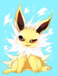  :3 animal_focus banchiku blue_background blush brown_eyes commentary_request electricity fangs full_body gen_1_pokemon happy head_tilt highres jolteon light_blush lightning_bolt looking_at_viewer no_humans open_mouth pawpads pokemon pokemon_(creature) simple_background sitting smile solo spread_legs straight-on uneven_eyes 