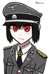  1girl absurdres armor artist_name black_hair fang highres koalakanru military_dress_uniform military_uniform nazi necktie original pauldrons pin portrait red_eyes reichsadler short_hair shoulder_armor solo ss_insignia sven_hoffmann swastika totenkopf 