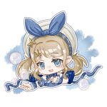  1girl absurdres back_bow bare_shoulders beret blonde_hair blue_background blue_bow blue_bowtie blue_dress blue_eyes blue_sleeves blue_wrist_cuffs bow bowtie brooch bubble bubbly_voyage_(infinity_nikki) chibi chinese_commentary collared_dress commentary_request cropped_torso detached_sleeves dress eyelashes frilled_sleeves frilled_wrist_cuffs frills hair_intakes hair_ornament hairclip hand_on_own_chest happy hat hat_bow highres infinity_nikki jewelry light_blush looking_ahead medium_hair nikki_(series) open_mouth outline outstretched_arm qingchen_(xinjinjumin641435542735) rabbit_hair_ornament short_hair smile solo sparkling_eyes star_(symbol) star_hair_ornament strapless strapless_dress teeth two-tone_background upper_teeth_only white_background white_hat white_outline wrist_cuffs 