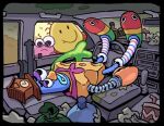 2025 3_fingers adult_swim animate_inanimate bag biped black_border black_eyebrows black_eyes blue_legs blue_lips blue_stripes border bottle cape cartoon_network charlie_dompler cheese chela clock clothing clown_shoes colored container critter_(smiling_friends) cuckoo_clock cup dairy_products detailed_background digital_drawing_(artwork) digital_media_(artwork) disposable_cup exoskeleton eyebrows fingers food footwear full-length_portrait glass_bottle green_arms green_goo grey_arms group horn_(musical_instrument) humanoid inside_vehicle legwear lips male mismatched_arms musical_instrument pattern_clothing pattern_footwear pattern_legwear pattern_socks pawsmasher pim_pimling pink_body pink_skin portrait purple_cape purple_clothing rearview_mirror reclining red_body red_exoskeleton red_stripes silly_samuel_(smiling_friends) smiling_friends socks spring stain steering_wheel striped_clothing striped_footwear striped_socks stripes toony toyota toyota_corolla trash trash_bag trio white_clothing white_footwear white_socks wind_instrument yellow_body yellow_nose yellow_skin