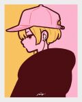  1girl absurdres baseball_cap blonde_hair border brown_eyes earbuds earphones expressionless flat_color grey_border hat highres limited_palette original pink_background pink_headwear profile short_hair solo two-tone_background upper_body yellow_background yoshi_mi_yoshi 