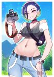  1girl absurdres armband bare_shoulders black_armband black_choker blue_hair bob_cut breasts brown_eyes camera choker collarbone crop_top denim gradient_hair grey_shirt highres holding holding_camera jeans loose_hair_strand medium_breasts midriff multicolored_hair off-shoulder_shirt off_shoulder pants perrin_(pokemon) photographer pokemon pokemon_sv ribbed_shirt shirt short_hair sleeveless sleeveless_shirt undershirt v-neck watch white_nails wristwatch yasu_suupatenin 