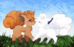  ^_^ absurdres alolan_form alolan_vulpix animal_focus banchiku bangs blue_sky blurry_foreground blush brown_eyes closed_eyes closed_mouth cloud commentary_request day from_side full_body gen_1_pokemon gen_7_pokemon grass happy highres holding_hands no_humans nose_blush noses_touching open_mouth outdoors pokemon pokemon_(creature) profile red_hair short_hair sky smile standing vulpix white_hair 