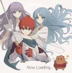  adol_christin armor blue_eyes blue_hair breastplate curtained_hair feena_(ys) floating_hair gauntlets george_man grey_eyes highres holding holding_sword holding_weapon hug long_hair multiple_girls pauldrons pikkard_(ys) purple_hair reah_(ys) red_hair short_hair shoulder_armor siblings sisters sparkle sword weapon white_background ys ys_vs._sora_no_kiseki:_alternative_saga 