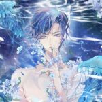  1boy absurdres air_bubble blue_eyes blue_flower blue_hair bubble caustics chashuimeifiom chinese_commentary clarence_clayden clarence_clayden_(book_of_tales) curtained_hair falling_flower fins flower hand_to_own_mouth hand_up head_fins highres holding holding_flower jellyfish leaf looking_at_viewer lovebrush_chronicles male_focus mole mole_under_eye parted_lips short_hair solo straight-on swept_bangs topless_male underwater upper_body white_flower 