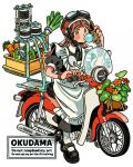  1girl apron arched_bangs artist_name black_dress black_shoes blowing_bubble_gum blush_stickers brown_hair carrot cellphone chewing_gum dress driving flip_phone frilled_apron frills goggles goggles_on_head hair_between_eyes helmet highres holding holding_phone long_hair looking_at_viewer moped motor_vehicle o_ku_da_ma original phone plant potted_plant puffy_short_sleeves puffy_sleeves shoes short_sleeves simple_background solo spring_onion white_apron white_background 