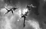  cloud cloud_background commentary debris english_commentary eve_online fleet floating floating_object flying greyscale lens_flare monochrome nebula no_humans original outdoors realistic scenery science_fiction space space_station spacecraft star_(sky) thrusters vankaiser wreckage zero_gravity 