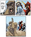  3_heads absurd_res anthro ape city claws destoroyah dialogue dragon fangs fur godzilla_(series) gorilla haplorhine harashu96 hi_res horn humor jojo&#039;s_bizarre_adventure kaiju keizer_ghidorah king_kong king_kong_(series) male mammal megaprimatus_kong membrane_(anatomy) meme monster multi_head nude open_mouth primate red_eyes running scales scalie speech_bubble spikes teeth text toho tongue yellow_eyes 