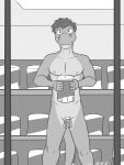  alligator alligatorid anthro balls blush chastity_cage chastity_device clothing crocodilian embarrassed flaccid fuze gabriel_(fuze) genitals greyscale hi_res holding_clothing holding_object holding_underwear male monochrome nipples nude penis public_nudity reptile scalie solo store underwear 
