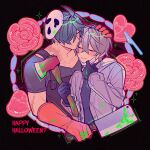  2boys apron arm_up axe black_apron black_background black_gloves black_shirt blush cleaver closed_eyes closed_mouth english_text gloves grey_jacket hand_on_another&#039;s_head happy_halloween highres holding holding_axe holding_cleaver holding_weapon jacket kiss lighter_(zenless_zone_zero) long_sleeves male_focus mask mask_on_head mask_pull mouth_mask multiple_boys open_clothes open_jacket raw_meat red_gloves scalpel scar scar_on_neck shirt short_sleeves smile urouroshiro weapon white_mask wise_(zenless_zone_zero) yaoi zenless_zone_zero 