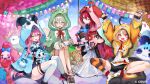  4girls arms_up black_gloves blonde_hair blue_capelet blue_hood blush bobby_(elizabeth_rose_bloodflame) breasts capelet cecilia_immergreen cecilia_immergreen_(1st_costume) chattino_(raora_panthera) closed_mouth commentary company_name doll_joints dress elizabeth_rose_bloodflame elizabeth_rose_bloodflame_(1st_costume) english_commentary fingerless_gloves gigi_murin gigi_murin_(1st_costume) gloves goggles goggles_on_head green_capelet green_eyes green_hood grem_(gigi_murin) grey_hair highres holojustice hololive hololive_english hood hood_up hooded_capelet joints knees_up large_breasts long_hair multiple_girls one_eye_closed open_mouth otomo_(cecilia_immergreen) panther_girl panther_tail pink_capelet pink_hair pink_hood raora_panthera raora_panthera_(artist) red_eyes red_hair single_thighhigh sitting smile spread_legs striped_clothes striped_thighhighs tail thigh_strap thighhighs thighs virtual_youtuber white_dress white_thighhighs yellow_eyes 