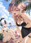  4girls alternate_costume arm_strap aru_(blue_archive) bangle beach beach_mat bikini bikini_bottom_under_shorts bikini_under_clothes bird black_bikini black_choker black_hair black_horns black_sarong blue_archive blue_one-piece_swimsuit blue_shorts blue_sky bracelet breasts bright_pupils brown_horns choker closed_eyes closed_mouth cloud commentary_request cowboy_shot criss-cross_halter crossed_ankles cumulonimbus_cloud day demon_horns double-parted_bangs ear_piercing earclip eyewear_on_head feet_out_of_frame food frilled_bikini frills fruit grey_hair grey_halo hair_between_eyes hair_ornament hairpin halo halterneck hand_on_own_knee haruka_(blue_archive) high_ponytail highres horizon horns innertube jewelry jw_(wrdawrda) kayoko_(blue_archive) knees_up korean_commentary large_breasts leaning_forward legs light_blush long_hair looking_at_viewer medium_breasts multicolored_hair multiple_girls multiple_hairpins mutsuki_(blue_archive) navel necklace o-ring o-ring_choker ocean old_school_swimsuit one-piece_swimsuit open_mouth outdoors outstretched_arms palm_leaf piercing pink_hair pink_halo ponytail problem_solver_68_(blue_archive) purple_hair purple_halo red_eyes red_halo sarong school_swimsuit see-through_clothes see-through_sarong shore shorts sidelocks sitting skirt sky smile spread_arms standing string_bikini sunglasses swim_ring swimsuit thigh_strap tongue two-tone_hair upper_body watermelon white_bikini white_bird white_hair white_pupils white_skirt yellow_eyes 