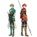  2boys alen_(fire_emblem) armor back-to-back boots cape fire_emblem fire_emblem:_the_binding_blade full_body green_eyes green_hair holding holding_weapon kashiwabooks lance lance_(fire_emblem) looking_at_viewer looking_back multiple_boys polearm red_eyes red_hair sword weapon 