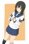  1girl anchor_symbol black_socks blue_neckerchief blue_sailor_collar blue_skirt blush border bow braid brown_hair collarbone commentary_request dutch_angle feet_out_of_frame flying_sweatdrops green_eyes hair_between_eyes hair_bow isonami_(kancolle) kantai_collection kneehighs kugui_kiyunemu layered_sleeves long_sleeves looking_at_viewer low_twin_braids miniskirt neckerchief orange_background outside_border pleated_skirt red_bow sailor_collar shirt short_over_long_sleeves short_sleeves sidelocks simple_background skirt socks solo standing thighs twin_braids white_border white_shirt 