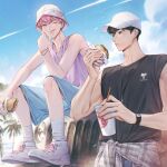  2boys bamby_(plave) baseball_cap black_hair black_tank_top blue_shorts blue_sky bracelet bucket_hat burger clothes_around_waist cloud contrail cup disposable_cup eating food hair_between_eyes hamin_(plave) hat highres holding holding_burger holding_cup holding_food jacket jacket_around_waist jewelry looking_at_viewer male_focus multiple_boys one_eye_closed pink_hair pink_tank_top plave shoes short_hair shorts sitting sky socks sub0b303 tank_top tongue tongue_out watch white_hair white_shoes white_socks wristwatch 