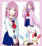 1girl :o ;) alternate_costume arched_bangs blue_skirt border brown_eyes brown_shoes cardigan character_hair_ornament closed_mouth eyelashes hair_ornament hairclip high-waist_skirt kneehighs lacey_(pokemon) long_sleeves looking_at_viewer miigon99999 minun multiple_views neckerchief one_eye_closed open_cardigan open_clothes open_mouth pink_border pink_cardigan pink_hair pleated_skirt plusle pokemon pokemon_(anime) pokemon_(creature) pokemon_horizons pokemon_sv red_neckerchief sailor_collar school_uniform serafuku shirt shoes skirt smile socks standing standing_on_one_leg white_background white_sailor_collar white_shirt white_socks 