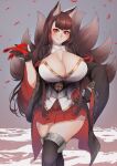  animal_humanoid big_breasts bottomwear breasts brown_hair canid canid_humanoid canine canine_humanoid cleavage clothed clothing female fox_humanoid hair hi_res humanoid mammal mammal_humanoid multi_tail oni_unicorn skirt solo 