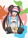  1girl bangs black_legwear blue_eyes blue_shirt blush breasts brown_hair collarbone commentary_request double_bun full_body gen_5_pokemon hair_between_eyes hands_together happy hat highres indian_style kiui_(pixiv_4082949) light_blush long_hair looking_at_viewer open_mouth oshawott pantyhose pink_headwear poke_ball_symbol poke_ball_theme pokemon pokemon_(game) pokemon_bw2 rosa_(pokemon) shiny shiny_hair shirt short_shorts shorts silhouette sitting small_breasts smile snivy solo teeth tepig tied_hair twintails v_arms visor_cap yellow_shorts 