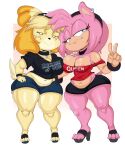  amy_rose animal_crossing anthro big_breasts breast_squish breasts breasts_frottage canid canine canis cleavage clothed clothing domestic_dog duo eulipotyphlan female hand_on_hip hedgehog hi_res isabelle_(animal_crossing) mammal nintendo purple_yoshi_draws smile sonic_the_hedgehog_(series) squish thick_thighs video_games wide_hips 
