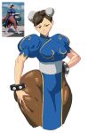  1girl anger_vein annoyed black_hair bracelet bun_cover chinese_clothes chun-li cropped_legs double_bun fatal_fury fatal_fury:_city_of_the_wolves game_screenshot_inset grabbing_own_thigh hair_bun hand_on_own_hip hand_on_own_thigh highres jewelry octavius_(octavius_dp) pantyhose reference_inset simple_background skindentation solo spiked_bracelet spikes street_fighter thick_thighs thighs weight_conscious wide_hips 