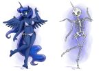 2017 anthro back_wings bikini blue_body blue_fur blue_hair bone breasts cleavage clothed clothing equid equine feathered_wings feathers female fetlocks friendship_is_magic fur hair hasbro hi_res hoof_hands hooves horn king-kakapo knock-kneed long_hair mammal my_little_pony mythological_creature mythological_equine mythology navel on_one_leg open_mouth open_smile princess_luna_(mlp) simple_background skeleton smile solo sparkles sparkling_hair standing swimwear thick_thighs two-piece_swimsuit unguligrade white_background wide_hips winged_unicorn wings