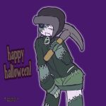 ambiguous_gender animate_inanimate black_clothing black_hat black_headwear button_(fastener) button_eyes cameohasdied climber_(unknown_person) clothed clothing english_text gloves green_clothing green_gloves green_handwear green_topwear grey_clothing grey_hat grey_headwear handwear hat headgear headwear hi_res holding_pickaxe humanoid living_mannequin not_furry open_mouth open_smile patchwork_creature pickaxe seam_(sewing) skin_fang smile solo stitch_(sewing) text topwear white_body zipper