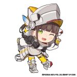  1girl armored_boots bike_shorts black_shorts blunt_bangs boots braid brown_hair chibi chime_(nikke) commentary english_commentary fingerless_gloves full_body gloves goddess_of_victory:_nikke gradient_hair green_eyes grey_hair high_heel_boots high_heels highres index_finger_raised leaning_forward light_blush long_hair long_sleeves looking_at_viewer low_twin_braids multicolored_hair official_art one_eye_closed open_mouth outstretched_arm puffy_long_sleeves puffy_sleeves short_shorts shorts solo standing standing_on_one_leg sweater_vest thick_eyebrows thighhighs totatokeke twin_braids yellow_gloves yellow_thighhighs 