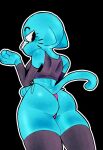 anthro armwear big_butt black_background black_eyes blue_body blue_fur butt cartoon_network clothing domestic_cat ears_down eyelashes felid feline felis female fur grey_armwear grey_clothing grey_legwear grey_thigh_highs grey_topwear legwear looking_back mammal nicole_watterson pink_clothing pink_nose pink_thong pink_underwear pivoted_ears rear_view simple_background solo the_amazing_world_of_gumball thick_thighs thigh_highs thong topwear underwear whiskers wide_hips xrobinsfw