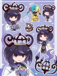  2girls absurdres aqua_hair bandeau belt belt_buckle black_dress black_hair blonde_hair blunt_bangs bob_cut buckle canari_(pokemon) chandelure closed_eyes closed_mouth coat dress eyelashes gloves grid_background gwynn_(pokemon) hat heart highres interlocked_fingers long_sleeves looking_at_viewer mask mega_stone mouth_mask multicolored_hair multiple_girls multiple_views name_connection neko_gyoza nest_ball o-ring o-ring_belt open_clothes open_coat own_hands_together partially_fingerless_gloves poke_ball poke_ball_(basic) poke_ball_symbol pokemon pokemon_(creature) pokemon_legends:_z-a purple_eyes purple_hair short_hair smile split-color_hair starly white_coat 