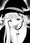  1girl animal_between_breasts aura blunt_bangs breasts cleavage commentary_request dark_aura earrings flying_sweatdrops greyscale halloween hand_up hat highres houjiro_yoriko_(kuzukago) jewelry kuzukago_(bitchmaker) long_hair looking_at_viewer magatama magatama_necklace monochrome multicolored_hair nail_polish necklace original pendant_choker portrait roots_(hair) solo squirrel tongue tongue_out v v-shaped_eyebrows witch_hat 