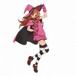  1girl cape chocolat_meilleure dress full_body gloves green_eyes hand_on_own_hip hat highres ina2021 korean_commentary long_hair looking_at_viewer magical_girl open_mouth orange_hair pink_cape pink_dress pink_gloves pink_hat sash striped_clothes striped_thighhighs sugar_sugar_rune thighhighs witch_hat 